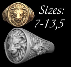 lion bague tailles tête lion argent impression imprimable bijou bijoux sculpture animal homme mode anneaux 3d print model - Mito3D
