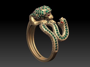 leone vs snake ring gioielli zbrush rhino 3dsmax anello serpente oro argento la scultura gemma art di lusso disco platino d'oro moda anelli 3d print model - Mito3D