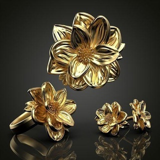 loto flor conjunto joyería joya oro plata imprimible anillos anillo zbrush 3d impresión oreja colgante pendiente ful 14k 18k ligero peso 3d print model - Mito3D