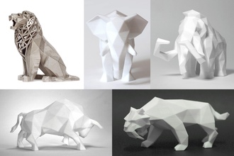 poly tiere sammlung löwe skulptur of holz kunst statue tier facettiert geometrisch modern elefant stier tiger mammut säbel skulpturen architektur 3d print model - Mito3D