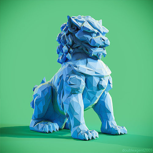 low poly chinese lion guardian papercraft lowpoly abstract mesh sculpture statue art design animal origami polygon geometric shape triangle asian cartoon sculptures 3D print model - Mito3D