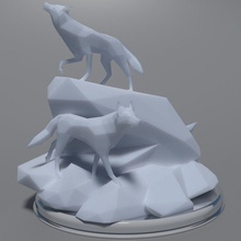 poly wölfe 3d drucken wolf on felsen kunst dekoration 3dprint haus skulpturen hund land säugetier zellen statue 3d print model - Mito3D