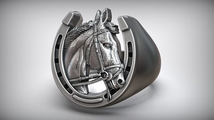 lucky horseshoe horse head ring good luck cowboy signet men animal jewelry gold oxidized charm heavy printable making carriage bridle rings 3d print model - Mito3D