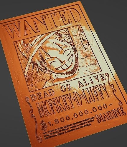 Rufy ricercato poster one pezzo anime carattere manga pirata cartone animato Capitano carta manifesto arte sculture 3D print model - Mito3D