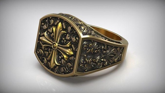maltese cross baroque pattern signet ring men knight rococo floral gold oxidized sterling silver engrave engraving biker style motor bike brutal jewelry making rings 3d print model - Mito3D