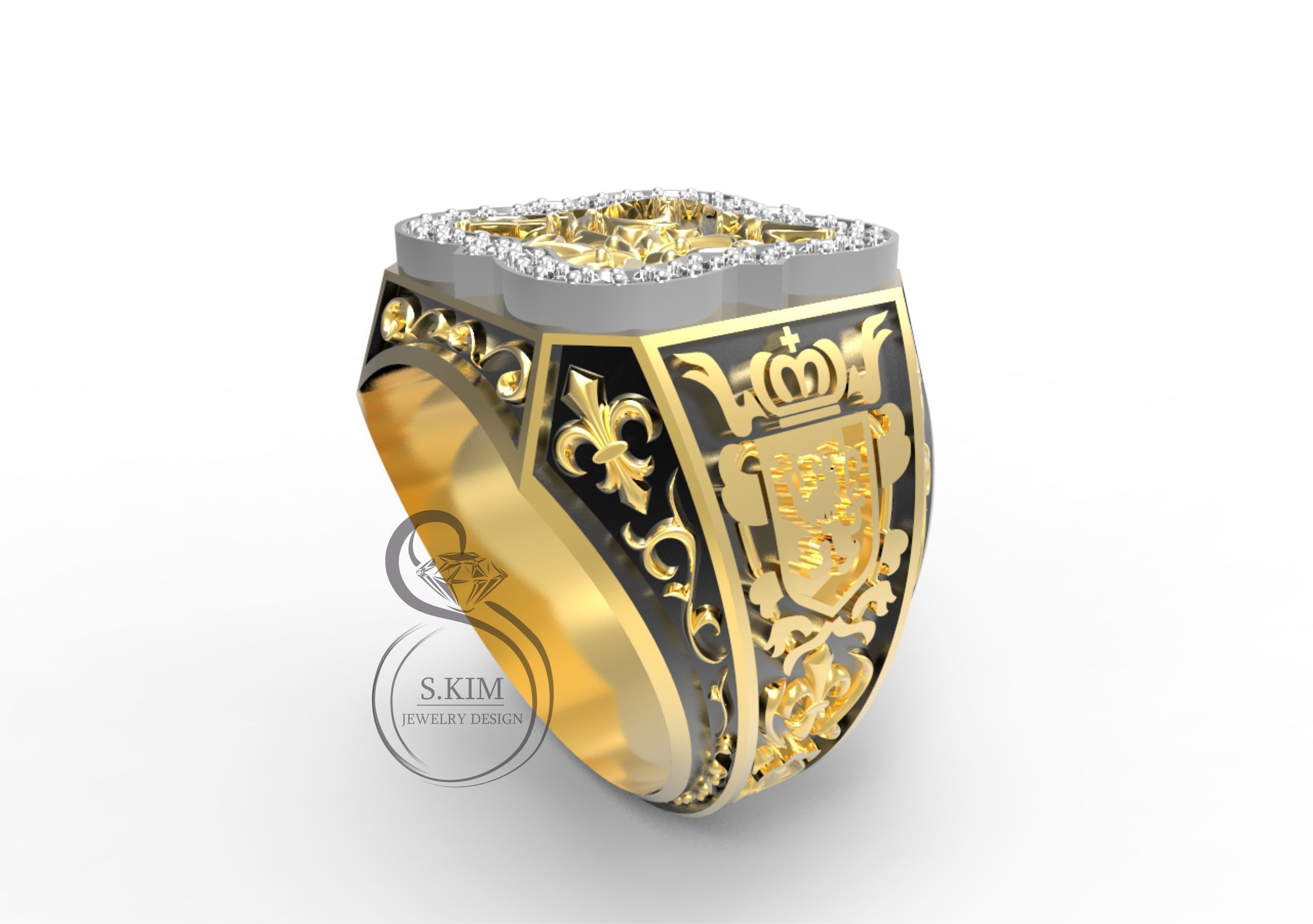 homem de padrão toque emblema leão jóias ouro anel prata diamante gem jóia printable o engajamento casamento 3dmodel protótipo brilhantes 3dprint manring brasão anéis 3D print model - Mito3D