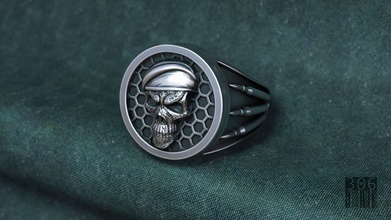 man skull ring 3d jewelry silver soldier bullets modell printing beret cap weapon ammunition biker decoration sculpt design prototyping wax printable style rings 3d print model - Mito3D