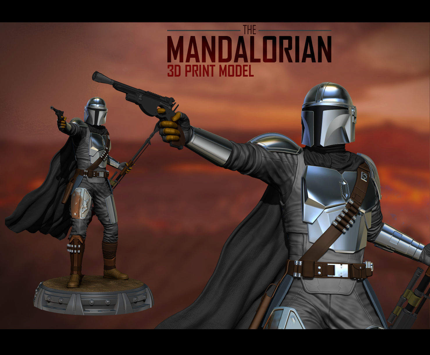 mandalorianer 3d drucken modell star kriege statue halten gewehr rahmen sci fi joda helm rüstung fett jango boba beskar skulptur krieger kunst mando skulpturen 3D print model - Mito3D