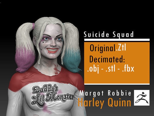 margot robbie harley quinn intihar tayfa dc joker batman kötü adam harleen quinzel gotham bruce wayne süpermen merak etmek kadın süper kahraman çizgi roman sanat heykeller 3d print model - Mito3D