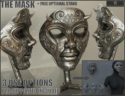 mask free optional stand 3dprints statue details character 3dprint gold silver woman wallart figurines toys decor display design facemask ornate intricate sculptures art 3d print model - Mito3D