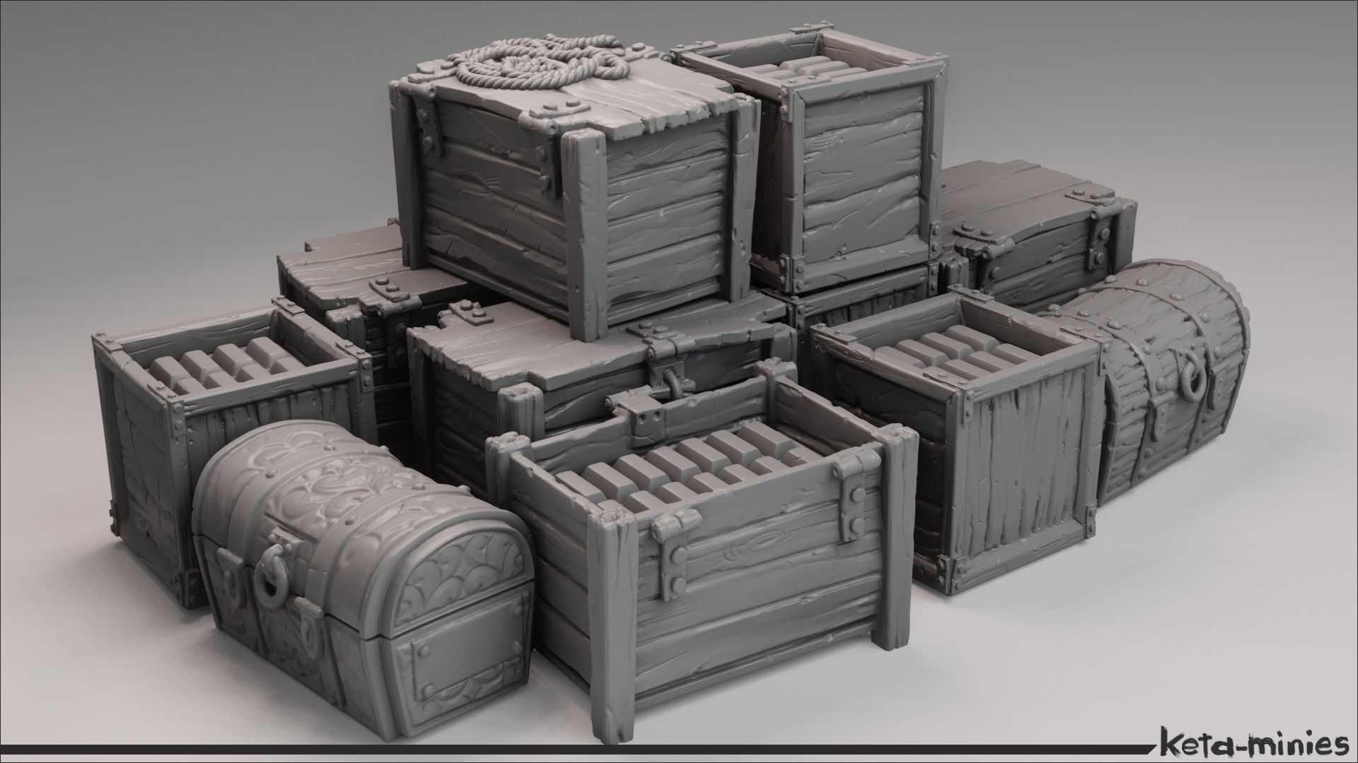 medieval crate combo pack box case storage container bottle books ingots wargaming 28mm environement prop fantasy stylized old 3dprint accessory games toys game accessories 3D print model - Mito3D