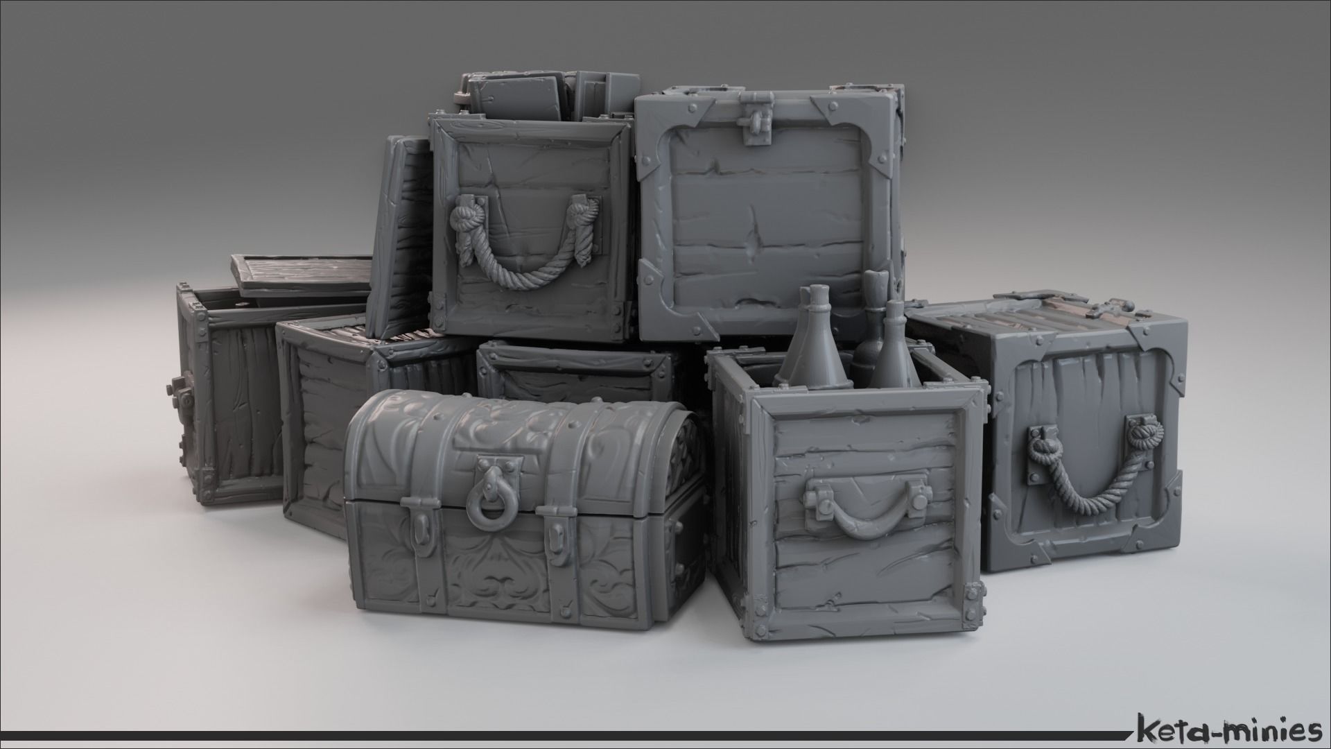 medieval crate pack a box luggage 28mm wargaming environement prop fantasy stylized old 3dprint print accessory wooden ketaminines keta minies bottle ingots games toys game accessories 3D print model - Mito3D