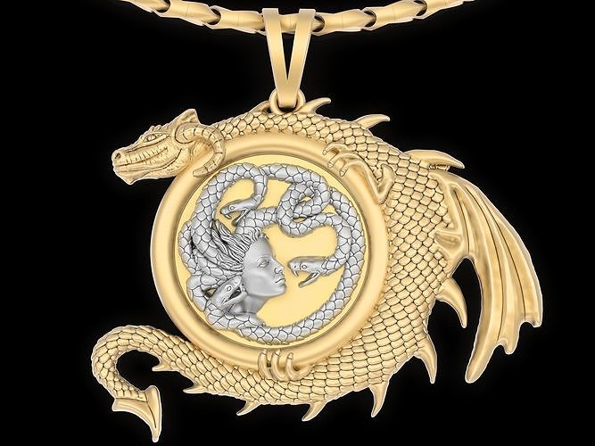 medusa snake head dragon pendant jewelry gold silver necklace sculpture art statue printable fashion platinum sterling beauty wedding pendants figure 3D print model - Mito3D