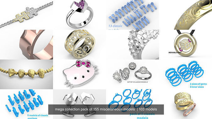 mega collection pack 155 miscellaneous models jewelry gold printable classic gem cad fashion neoclassic silver diamond stud errings rings cufflinks pendant jewel profitably earrings engagement 3D print model - Mito3D