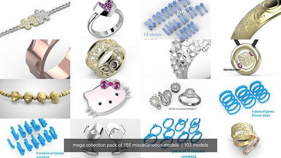 mega collection pack 155 miscellaneous models jewelry gold printable classic gem cad fashion neoclassic silver diamond stud errings rings cufflinks pendant jewel pack profitably earrings engagement jewelry rings jewelry pendant  3d print model - Mito3D