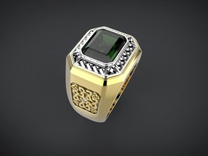 men ring green stone jewelry jewellery diamond gold silver finger male clothing cut ornament pattern tracery square shape emerald rings printable printing prototyping cnc 3d print model - Mito3D