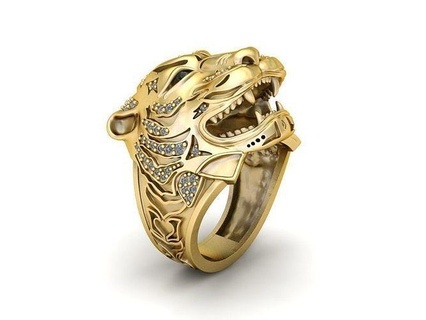 Uomini tigre oro squillare anello d'oro stampabile sterlina moda diamante gioiello gioielleria 3d 3dprint animale uomo manring anelli 3d print model - Mito3D