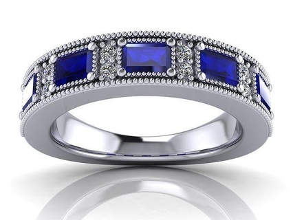 milgrain engagement ring - baguette sapphires round diamonds diamond jewelry printable jewel gold jewellery wedding gem platinum silver sapphire brilliant rings 3d print model - Mito3D