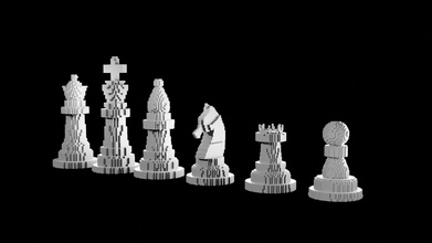 minecraft inspired pixelated chess pieces queen pawn knight rook king bishop game board 3d print war gameplan games toys 3d print model - Mito3D