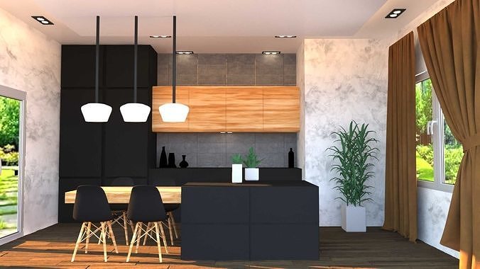 moderne cuisine intérieur articles ménagers manger table bois lumière place néon noir marron gothique général décor aliments arbre plante chaire décoration ustensiles maison meubles 3D print model - Mito3D