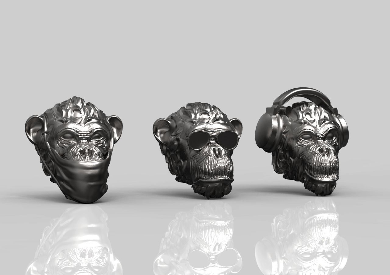 monkeys monkey head headphones earphones jewelry gold silver jewel jewellery pendant bead bracelet ivadzaru kikadzaru midzaru seenoevil speaknoevil hearnoevil threemonkey animal creative 3D print model - Mito3D