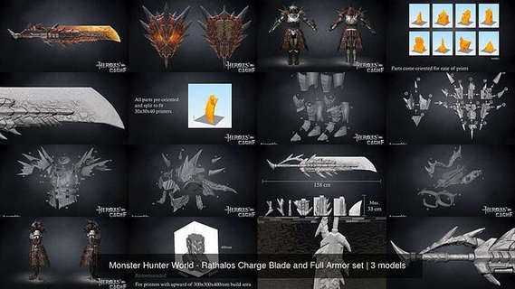 monster hunter world - rathalos charge blade full armor set 3dprint 3dprinting cosplay game mhw printable prop sword shield helm bracer vambrace greave chestplate games weapon toys 3d print model - Mito3D