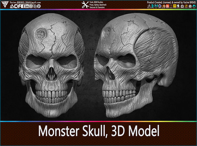 monster skull 3d model creature character head skeleton bone helmet mask yacine brinis fantasy dead games toys collection collectible statue fictional 3D print model - Mito3D