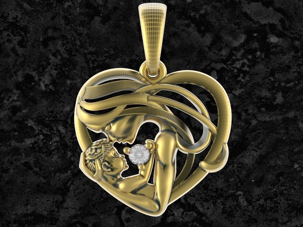 mother pendant altın kalp kolye elmas in it takı yazdırılabilir mücevher anne çocuk aşk aile bebek 3D print model - Mito3D