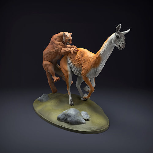 montanha leão guanaco caçar 3d impressão animal predador gato Puma puma criatura realista companheiro alpaca lhama escultura estatueta figura miniatura animais selvagens arte esculturas 3D print model - Mito3D