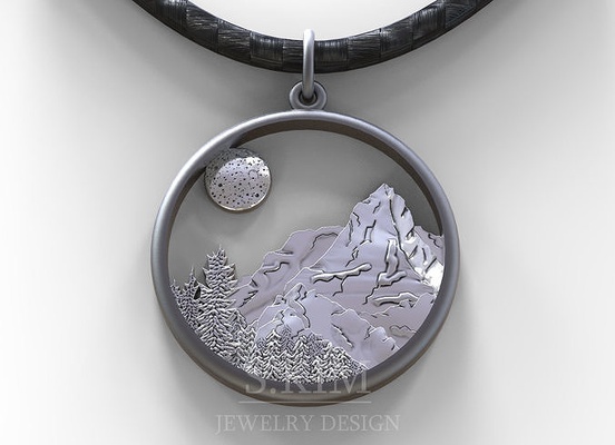 mountains moon printable 3d model design cnc milling ring earring jewel gold silver pendant jewelry mountain chain forest tree pendants 3d print model - Mito3D