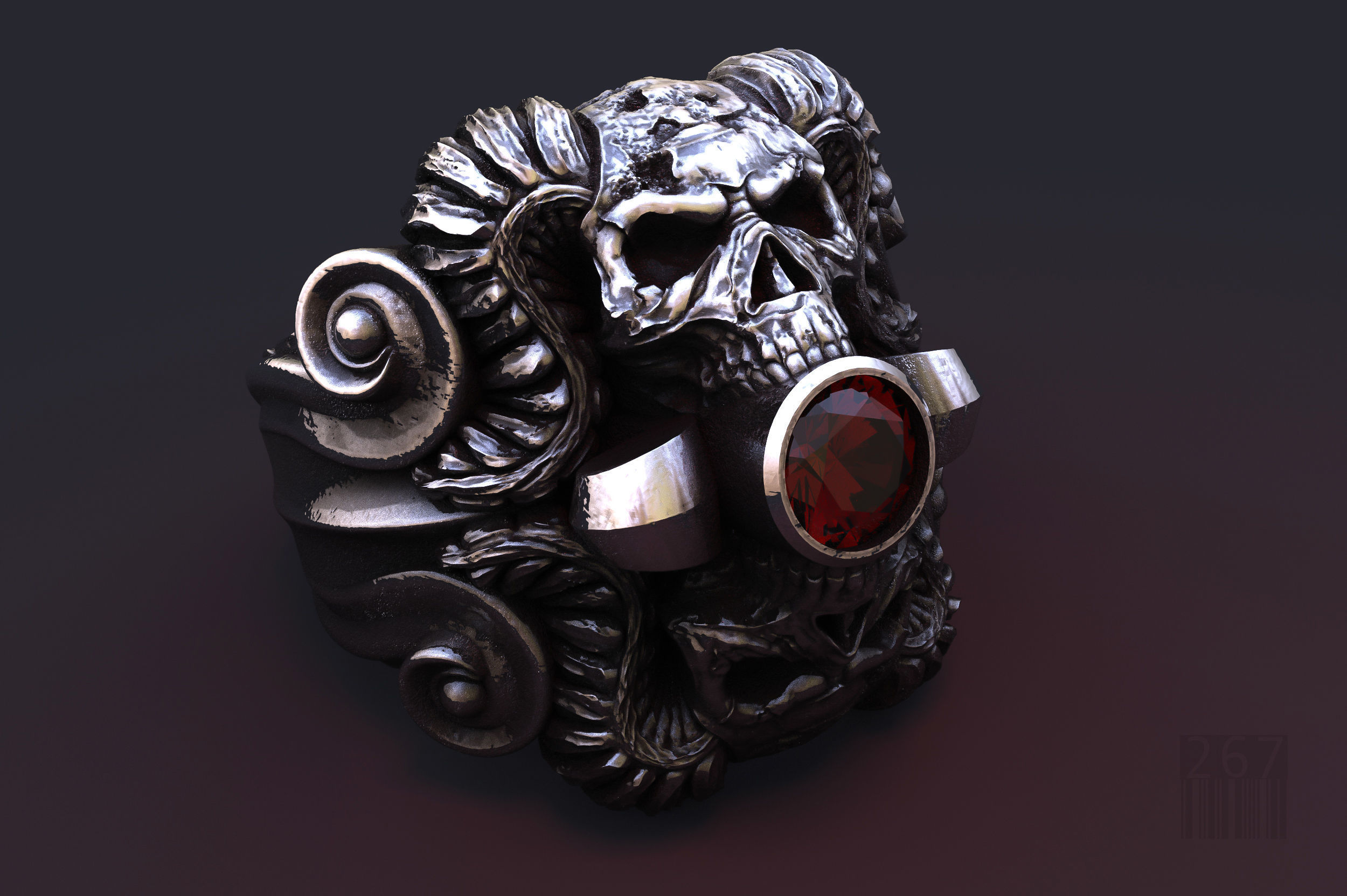 mystical ring skull horns jewelry jewellery men stone ruby evil malicious terrible pattern luxury ornament design wax printable style fashion signet rings 3D print model - Mito3D