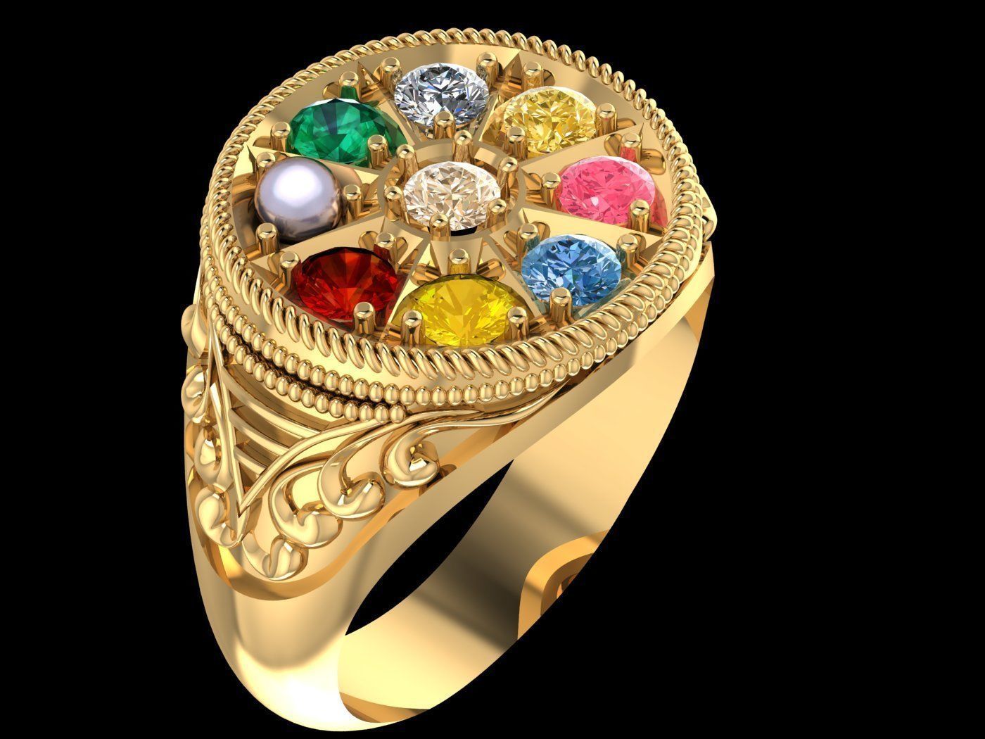 Navaratna bague anneaux or bijoux imprimable sterling diamant bijou mariage engagement brillant calcul platine gemme argent vêtements saphir mode 3D print model - Mito3D