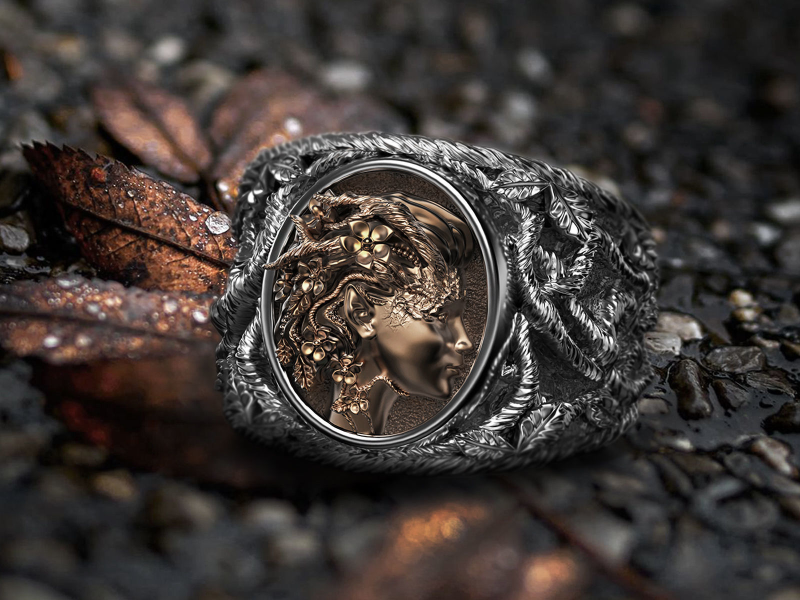 nymph dryad ring jewelry texture wood silver design art modern model 3d print elf leaves flowers nature brass rings virgo zodiac 3D print model - Mito3D