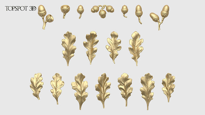 oak leaves acorns set carving renaissance baroque onlay interior design collection moulding finishes cnc classic furniture highpoly 3dprint decor carved rococo art 3D print model - Mito3D