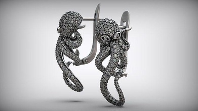 ocean octopus diamond earrings sea nautical black luxury white gold jewelry j3ds making fish nature 925 silver 3d print model - Mito3D