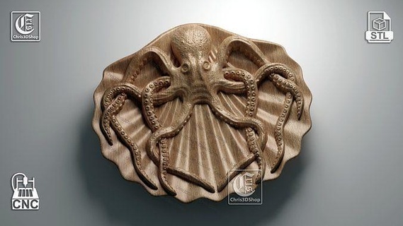 pulpo cáscara bandeja stl modelo cnc enrutador decoración alivio tallado artcam mecanizado ornamento imprimible vcarve estlcam aspirar carveco Arte 3d print model - Mito3D