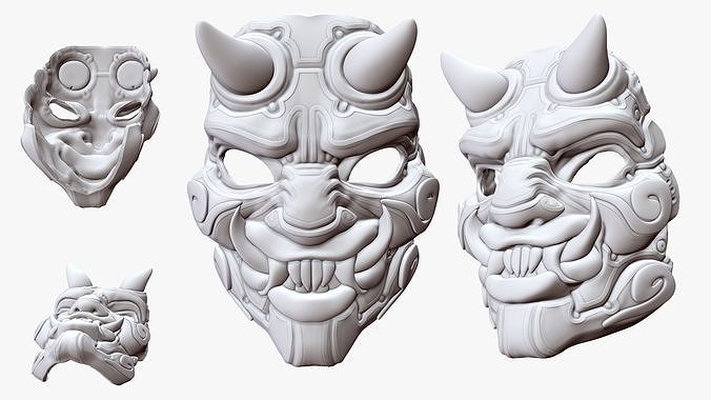 oni maske dämon teufel verkleidung zeremoniell japanisch ninja attentäter cyberpunk katana yakuza mode puppe 3d print model - Mito3D