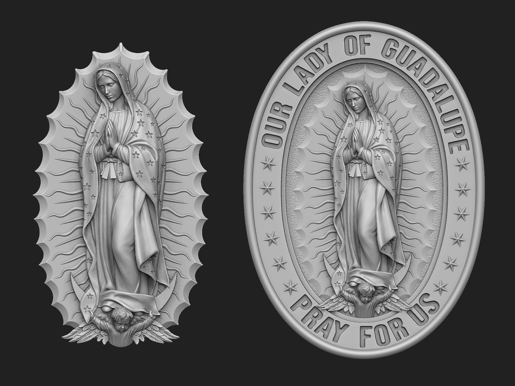 lady of guadalupe medallion set virgin mary mother christ god christian bas relief pendant saint wings rays holy art sculptures 3D print model - Mito3D