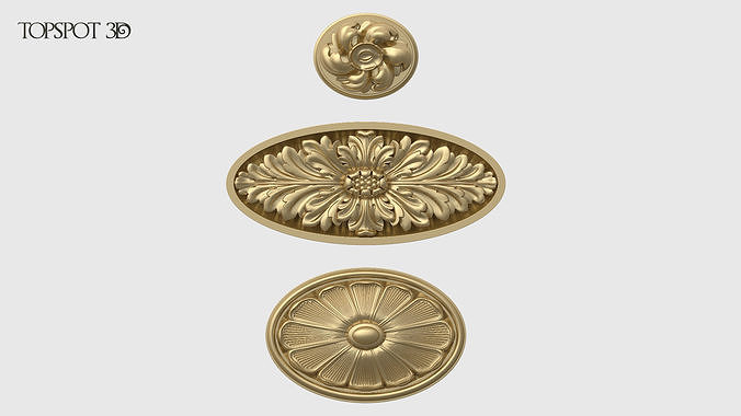 oval rosette set carved acanthus baroque rococo onlay interior design collection moulding finishes cnc classic furniture carving 3dprint highpoly decoration architectural art 3D print model - Mito3D