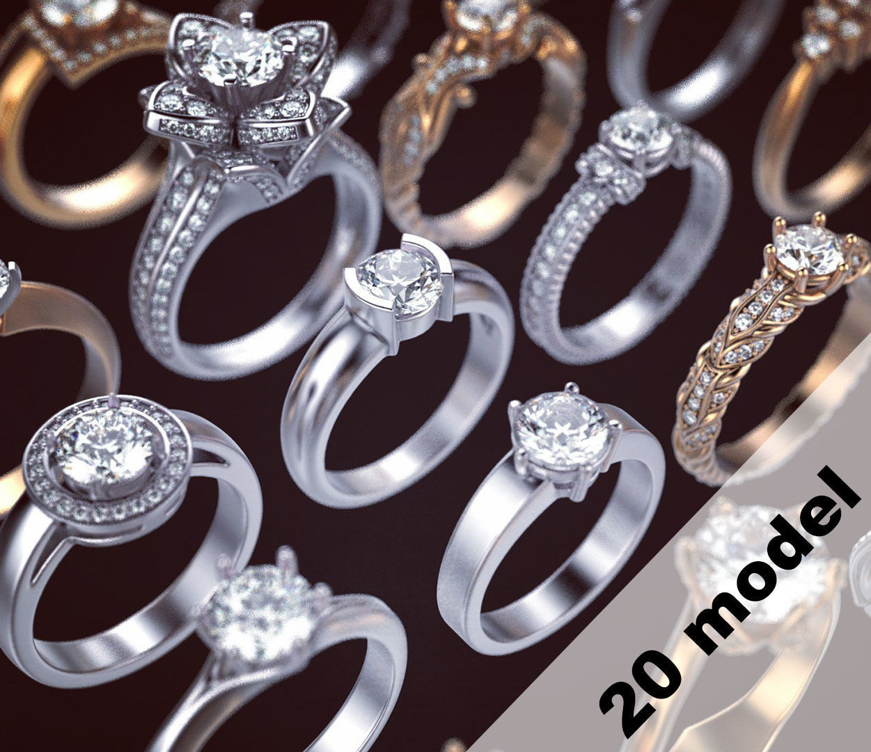 pack de 3 anneau bijoux l'anneau un pierre pièce monnaie rhino les anneaux mariage d'argent or bague en diamant la livre sterling vintag cad mode beauté imprimable joyau l'engagement le 3D print model - Mito3D