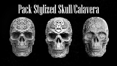 pack stylized skull ornamental halloween head grave calavera packskull packs spooky art sugarskull bone horror zombie scary monster decor mythological creature cranium sculptures 3d print model - Mito3D