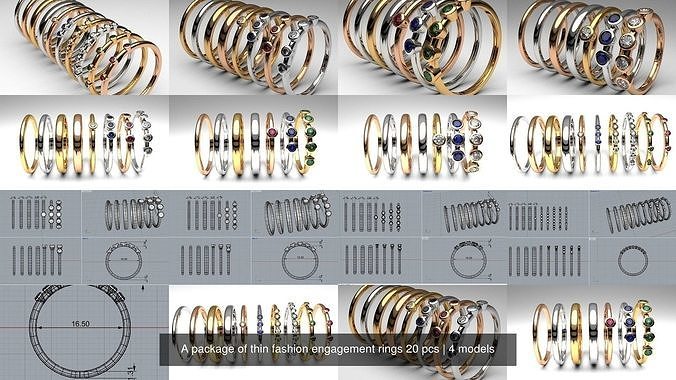 pacote fino moda noivado argolas 20 pcs ouro diamante anel pedra preciosa gema joalheria jóia conjunto gemas 3dmodel imprimível Casamento banda aniversário 3D print model - Mito3D