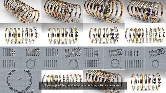 paquet mode engagement anneaux 20 pcs or diamant bague gemme bijoux bijou ensemble pierres précieuses 3dmodel imprimable mariage bande anniversaire 3d print model - Mito3D
