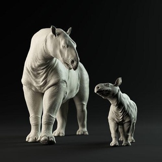 paraceratherium mother calf 1-35 scale animals creature monster old ice age prehistoric mammal rhinoceros iceage miocene indricotherium preshistory animal art sculptures 3d print model - Mito3D