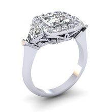 pc center side trillions jewelry halo scrolls engagement wedding fashion elegant 3stone design rings 3d print model - Mito3D