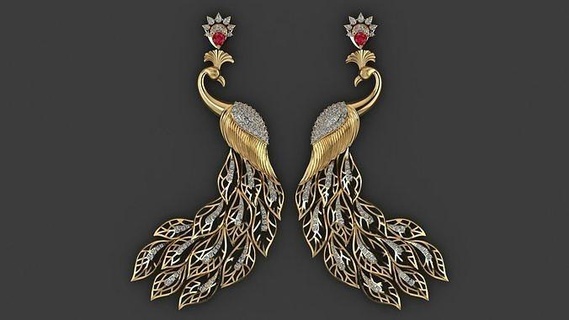 peacock earring jewelry gold gem earrings printable diamond 3d print model - Mito3D