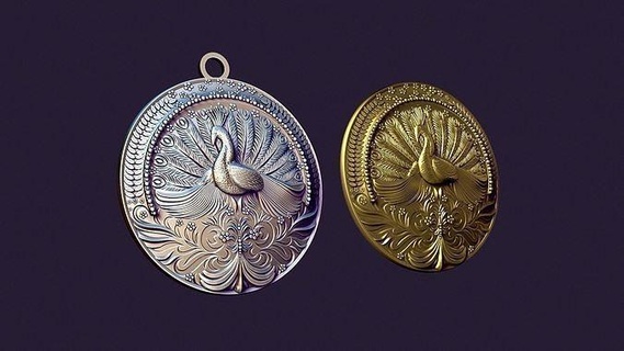 tavuskuşu madalyon toka profil döküm kolye Coulomb sarkık altın gümüş takı mücevher yazdırılabilir broş moda 3d print model - Mito3D