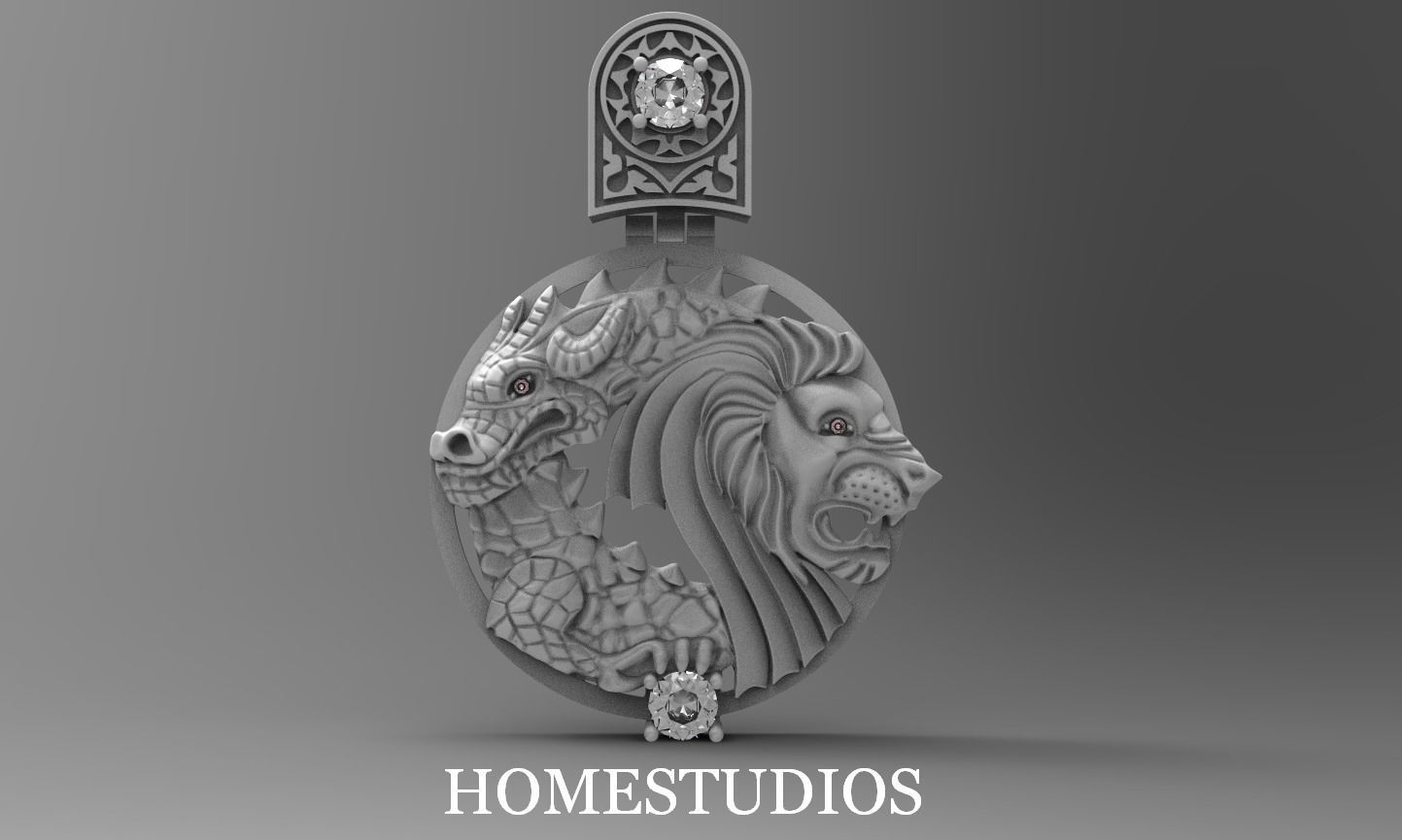 colgante pendiente continuar león gemas versiones fantasía monstruo criatura personaje oro plata joyería joya imprimible bestia reptil chino colgantes 3D print model - Mito3D