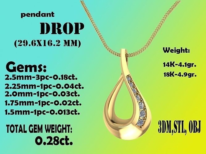 pendentif laissez tomber 028ct or d'or femme gemme diamant prototypage 3dprinted conception imprimable impression bijou bijoux l'amour goutte 3d fraisage perle place globe pendentifs 3D print model - Mito3D