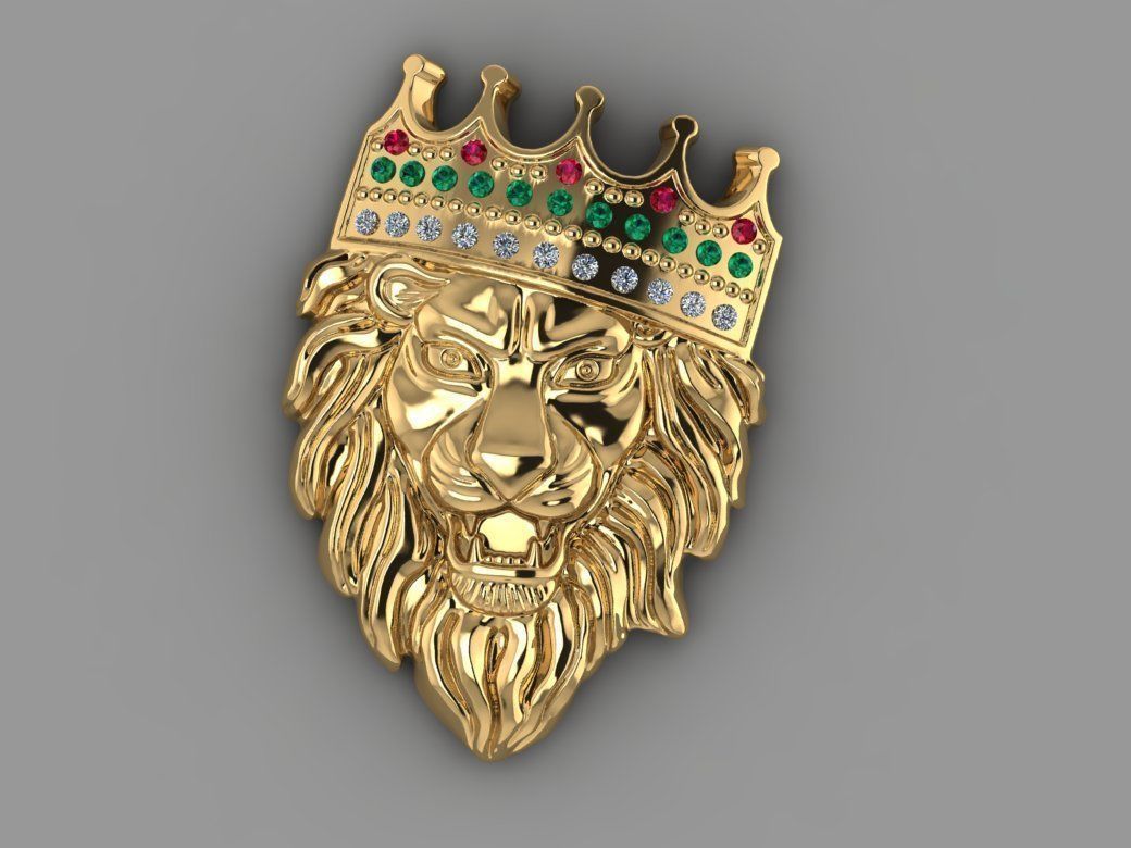 pendant lion jewelry pendants crown gem gems jewel king gold silver brilliant diamond ruby emerald zbrush rhino sculpt animal 3D print model - Mito3D